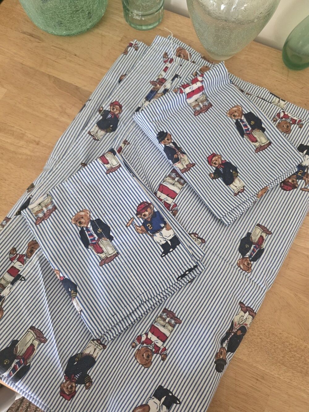 Vintage Ralph Lauren Home Polo Bear Twin Flat Sheet 2 Pillow Cases 100% Cotton